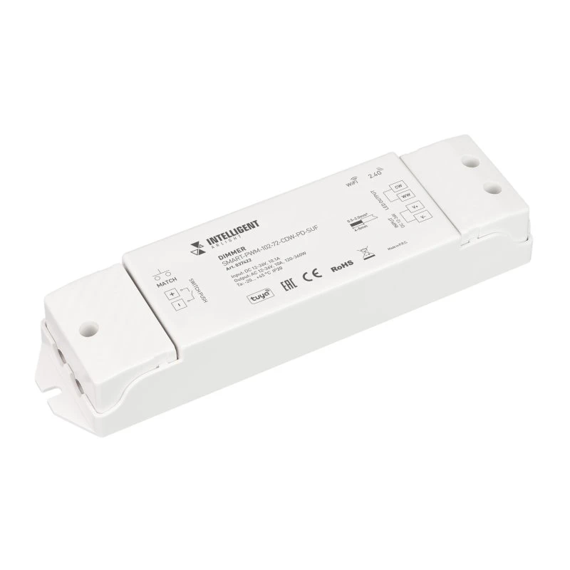 INTELLIGENT ARLIGHT Диммер SMART-PWM-102-72-CDW-PD-SUF (12-36V, 2x5A, TUYA Wi-Fi, 2.4G) (IARL, IP20 Пластик, 5 лет) Arlight 037422 INTELLIGENT ARLIGHT Диммер SMART-PWM-102-72-CDW-PD-SUF (12-36V, 2x5A, TUYA Wi-Fi, 2.4G) (IARL, IP20 Пластик, 5 лет) Arlight 037422