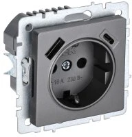 BRITE Розетка с заземлением с защитными шторками 16А с USB A+C 18Вт РЮш11-1-БрС сталь IEK BR-R14-16-U22-018-K46