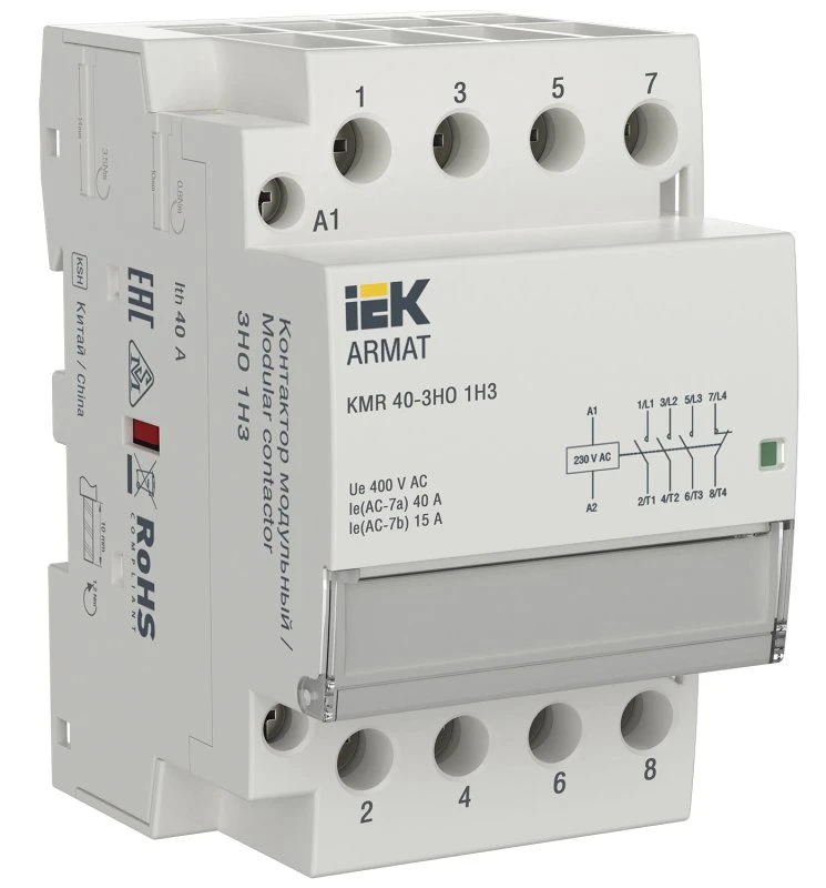 ARMAT Контактор модульный KMR 40А 230В AC 3НО 1 НЗ IEK AR-KMR10-040-31-230 ARMAT Контактор модульный KMR 40А 230В AC 3НО 1 НЗ IEK AR-KMR10-040-31-230