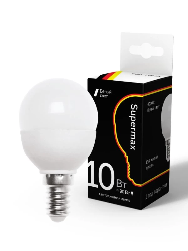 Лампа светодиодная LED 10Вт шар 220В Е14 4000К белый 800 лм Космос Sup_LED10wGL45E1440 Лампа светодиодная LED 10Вт шар 220В Е14 4000К белый 800 лм Космос Sup_LED10wGL45E1440