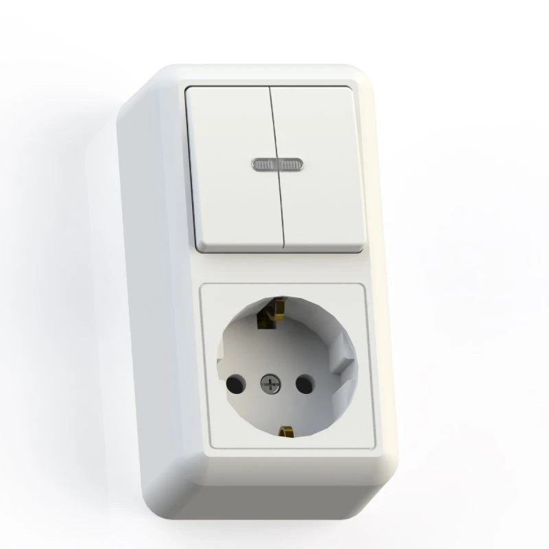 ОПТИМА Блок Выключатель 2 клавишный с подсветкой 10А/ розетка с заземлением 16А БКВР-433 наружный белый Кунцево-Электро 8067