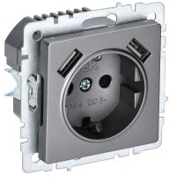 BRITE Розетка с заземлением с защитными шторками 16А с USB A+A 2,1А РЮш10-1-БрС сталь IEK BR-R14-16-U21-D21-K46
