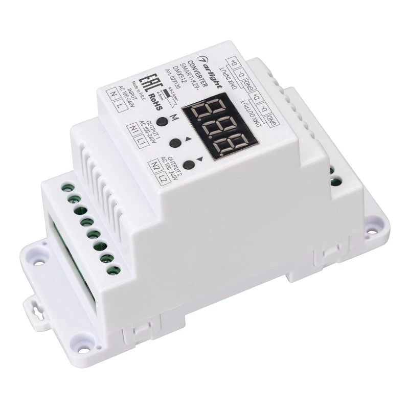 Конвертер SMART-K29-DMX512 (230V, 2x1.2A, TRIAC, DIN) (ARL, Пластик) Arlight 027130 Конвертер SMART-K29-DMX512 (230V, 2x1.2A, TRIAC, DIN) (ARL, Пластик) Arlight 027130