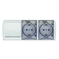 Клио блок наружный горизонтальный: выключатель одноклавишный + розетка двухпостовая с прозрачной крышкой, IP54, с/з, 16А, 220В, белый UNIVersal К2238