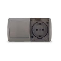 Клио блок наружный горизонтальный: выключатель одноклавишный + розетка одноместная с прозрачной крышкой, IP54, с/з, 16А, 220В, серый UNIVersal К2237-Gr