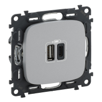 Valena ALLURE.Зарядное устройство с двумя USB-разьемами тип А-тип С 240В/5В 3000мА.С лицевой панелью.Цвет Алюминий Legrand 754967