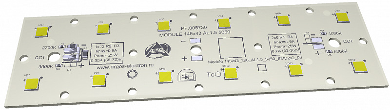 Модуль светодиодный MODULE 145x43 AL1.5 1x12 Refond 5050 CRI70 3000K SMD2x2 Аргос-Электрон MOD14511231