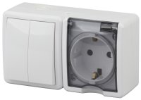 Блок розетка+выключатель двойной IP54, 16A(10AX)-250В, ОУ, Эра Эксперт, белый, 11-7402-01 ЭРА Б0020735